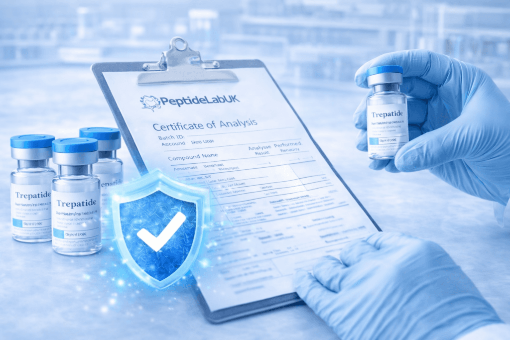 Product sample beside a certificate and batch information