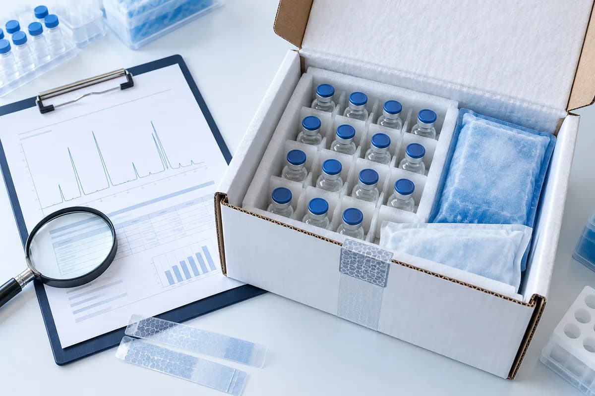Batch verification documents and securely packed research vials