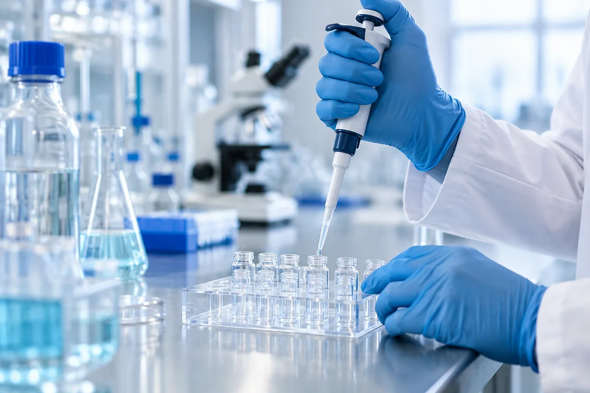 Gloved researcher using a pipette with laboratory vials